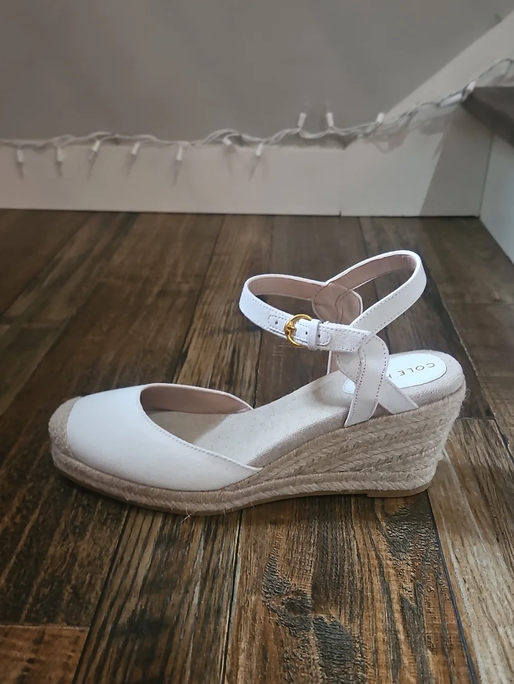 Cole Haan White Canvas Espadrille Wedge Sandals with Ankle Strap and Gold Buckle